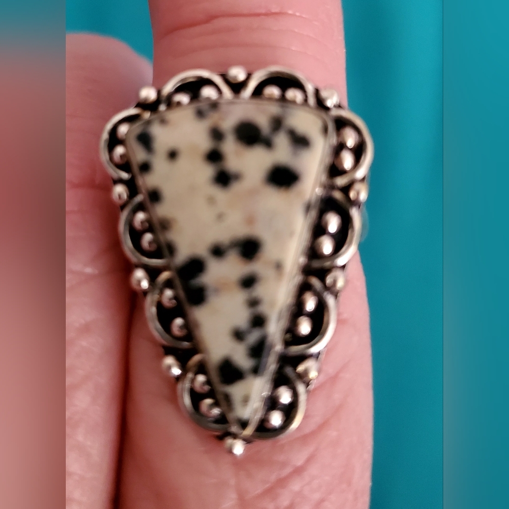 NEW Dalmatian Jasper natural stone Ring Size 7 1/2   .925 overlay - Picture 6 of 6